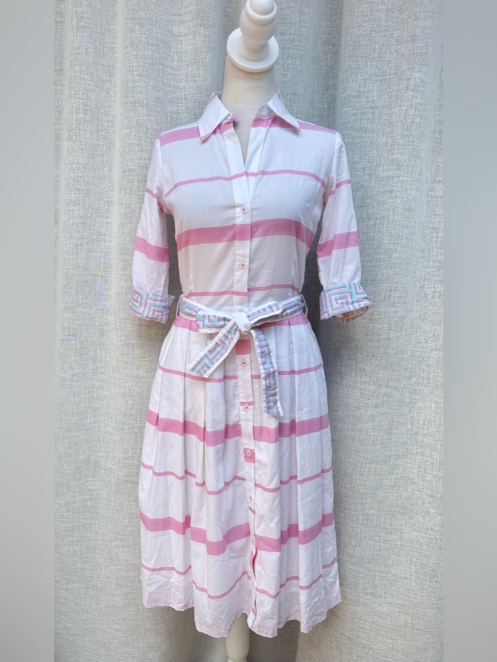 Dizzy Lizzie cotton white pink striped button down a-line shirt dress